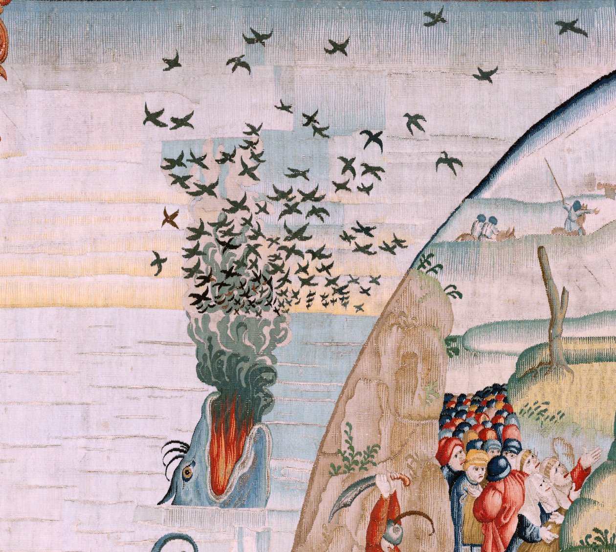 Flamand kárpit. Sorozat Négy gobelin Hieronymus Bosch nyomán. Az emberi élet megpróbáltatásai (Tribulaciones de la vida humana). Harmadik kárpit a sorozatban. Modell Hieronymus Bosch munkája ihlette. Gyártás Ismeretlen műhely, Brüsszel. 1560 előtt alkotó: Hieronymus (after) Bosch