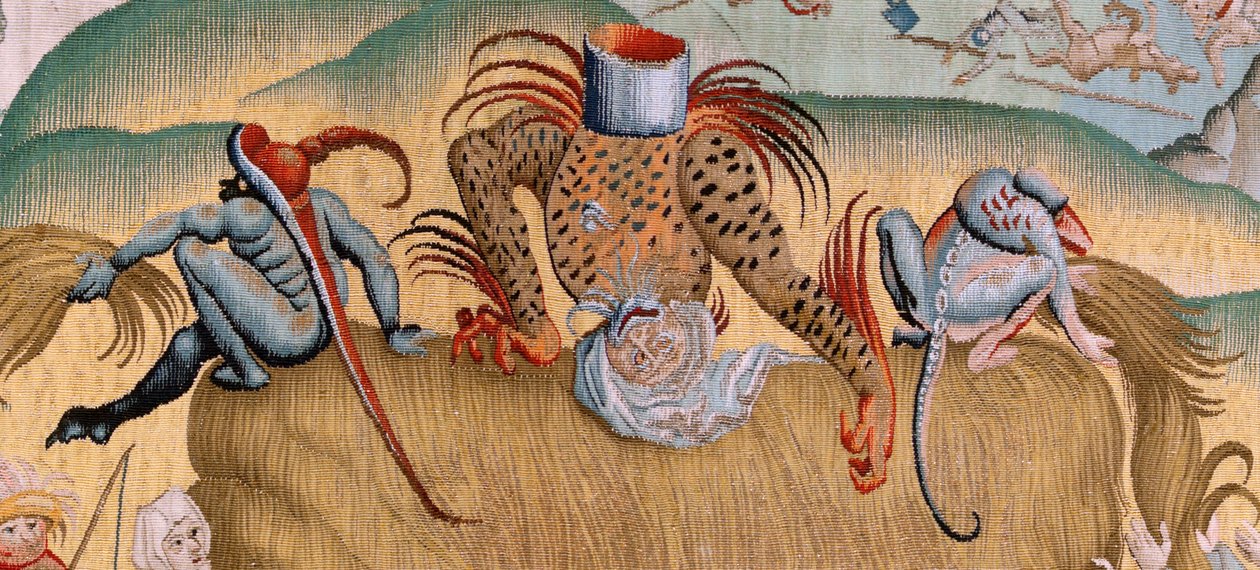 Flamand kárpit. Sorozat Négy gobelin Hieronymus Bosch nyomán. Az emberi élet megpróbáltatásai (Tribulaciones de la vida humana). Harmadik kárpit a sorozatban. Modell Hieronymus Bosch munkája ihlette. Gyártás Ismeretlen műhely, Brüsszel. 1560 előtt alkotó: Hieronymus (after) Bosch