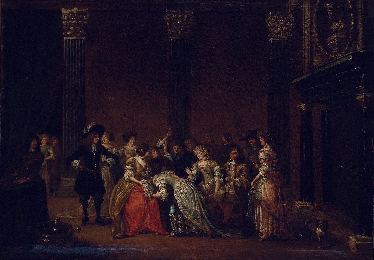 Elegáns cég belső térben házassági vitával (olaj, vászon) alkotó: Hieronymus (follower of) Janssens