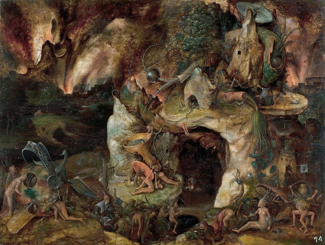 ""Alvilág tája"" (Inferno Landscape) Festmény Jerome Bosch iskolájából 1561 körül. Mérete 49x64 cm Museo del Prado, Madrid alkotó: Hieronymus (school of) Bosch