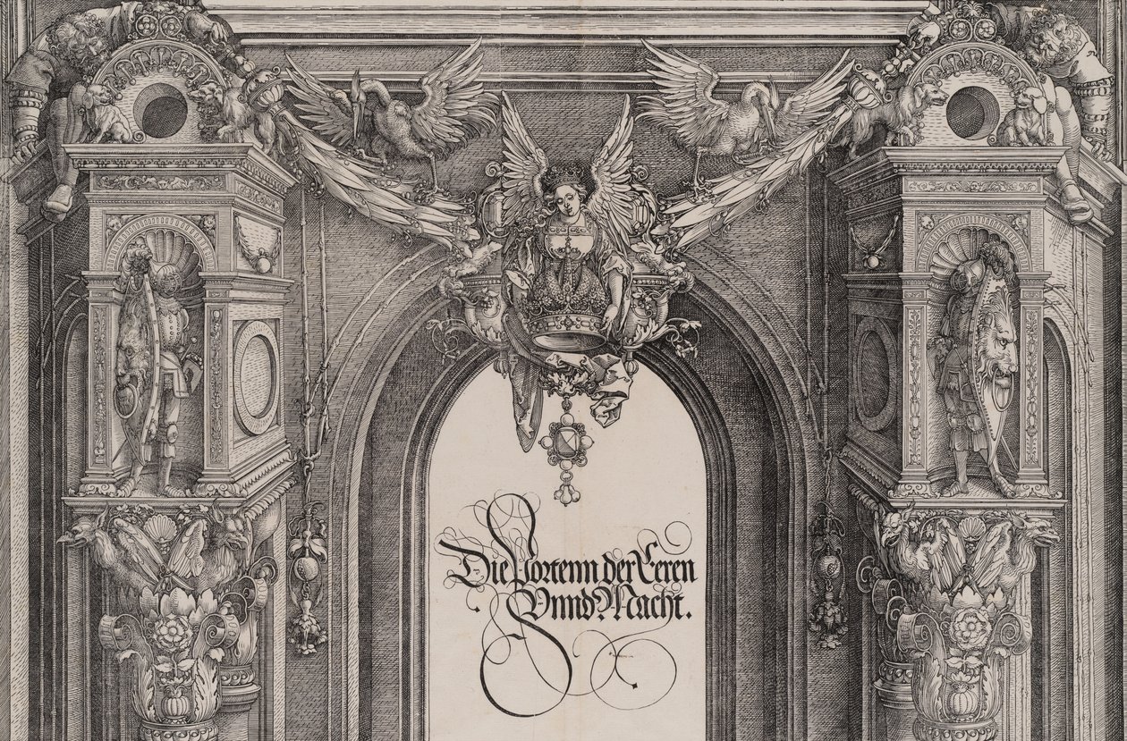 A központi portál bejáratának felső része az I...-t tartó szárnyas alakkal, 1515. alkotó: Hieronymus Andreae