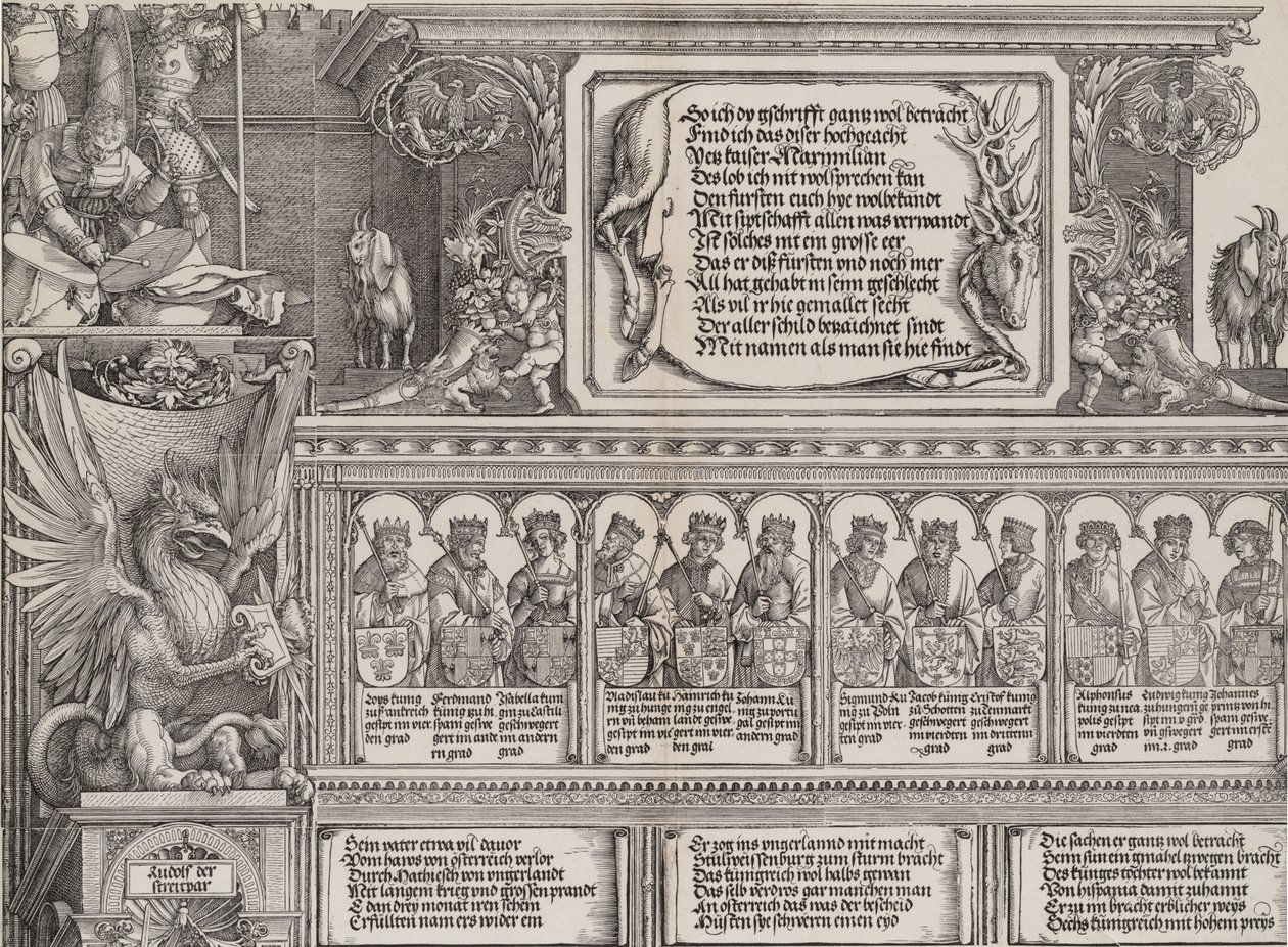 A jobb oldali portál felső része, szarvasbőr felirattal, fríz ..., 1515. alkotó: Hieronymus Andreae