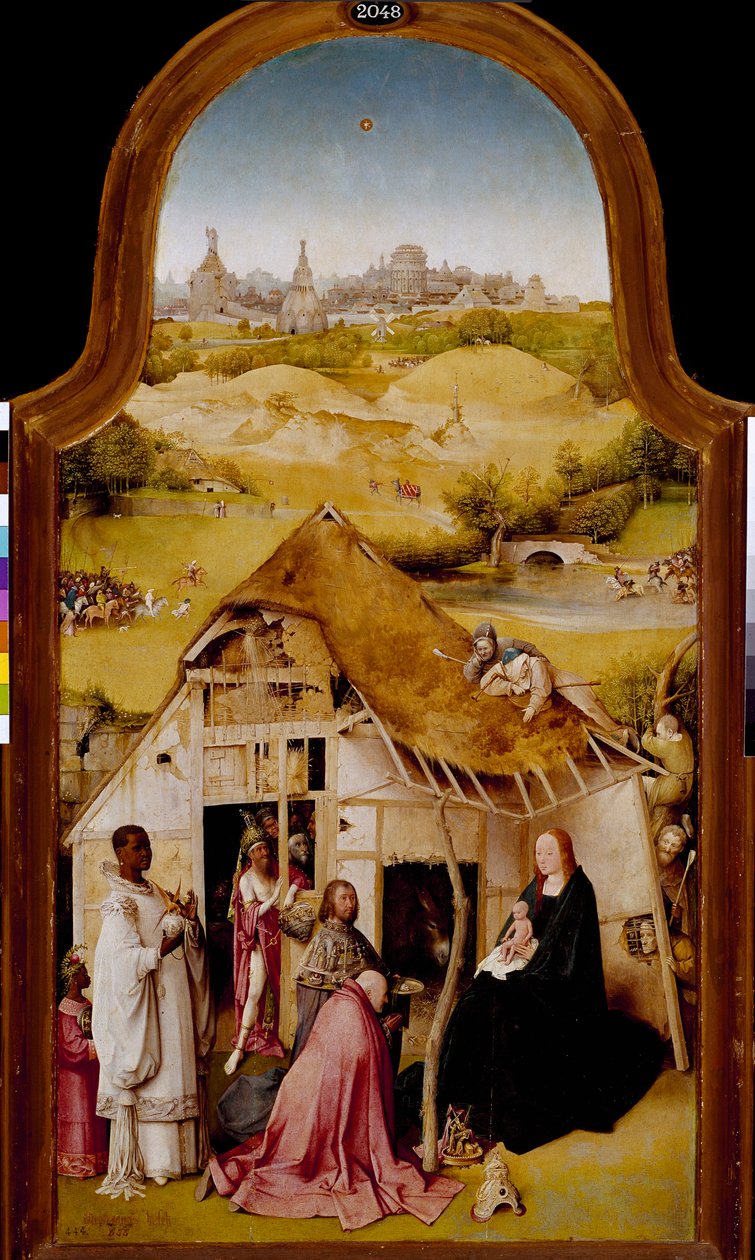 Mágusok imádása Vízkereszt triptichonjának központi táblája. Hieronymus Van Aeken (Aken) festménye Jerome Boschnál (1450-1516). 1510-1511. Homályos. 138x72 cm Madrid. Prado Múzeum. alkotó: Hieronymus Bosch