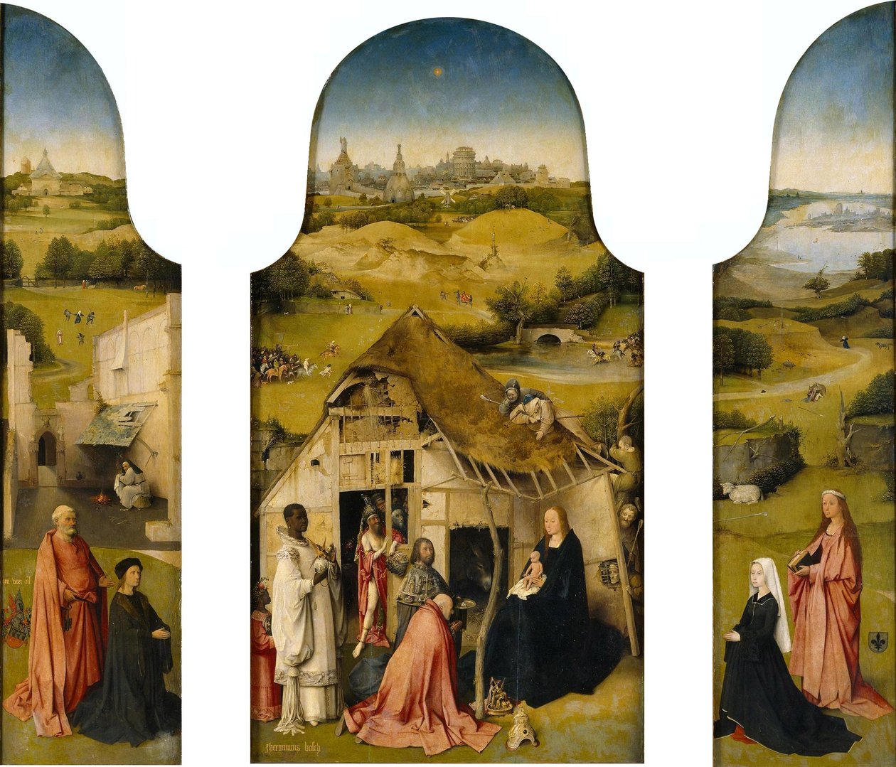 Bölcsek imádása, belső tér (Szent Péter az adományozóval, Bölcsek imádása, Szent Ágnes az adományozóval) alkotó: Hieronymus Bosch