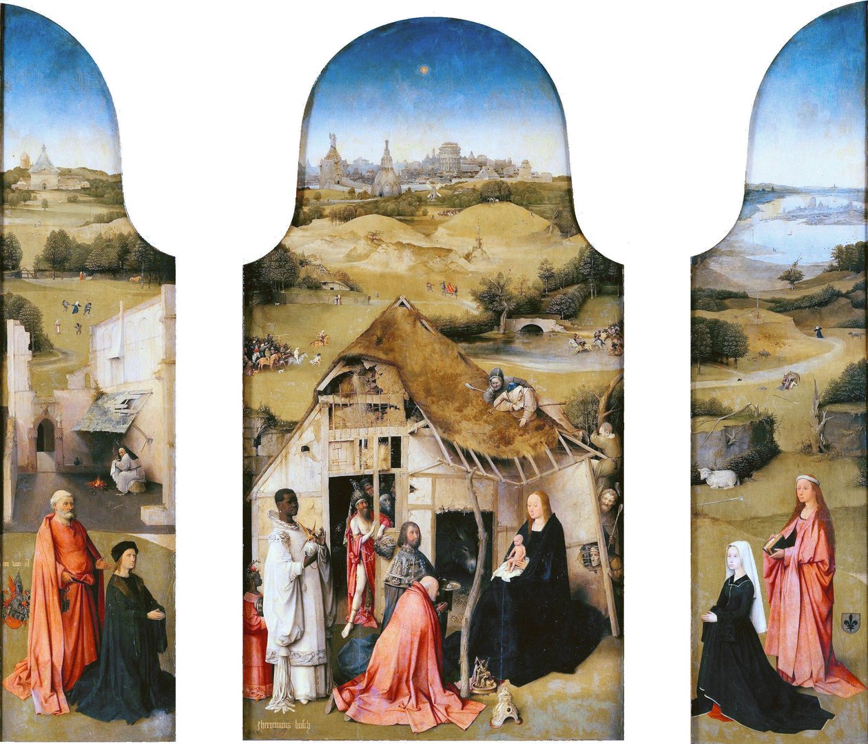 Bölcsek imádása, belső tér (Szent Péter az adományozóval, Bölcsek imádása, Szent Ágnes az adományozóval) alkotó: Hieronymus Bosch