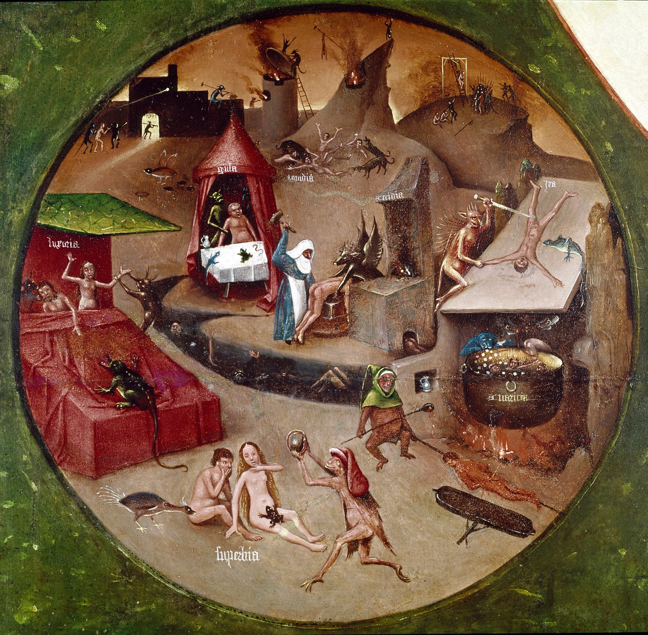 Pokol. A hét halálos bűn és a négy utolsó dolog részlete (olaj a panelen alkotó: Hieronymus Bosch