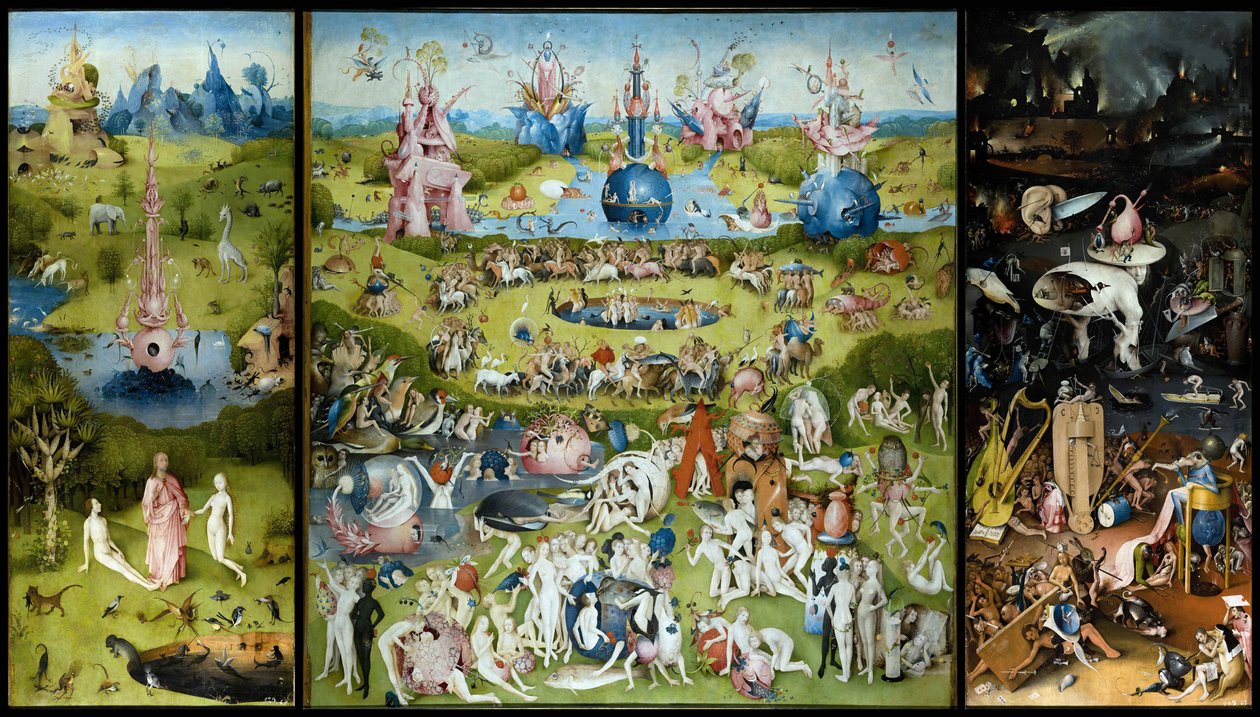 ""A földi gyönyörök kertje"" Bal oldali panel: Ádám és Éva teremtése. Központi panel: a gyümölcsöket ízlelgető szerelmesek. Jobb panel: a pokol. Hieronymus Van Aeken (Aken) triptichonja, Jerome Bosch (1450-1516) alkotó: Hieronymus Bosch