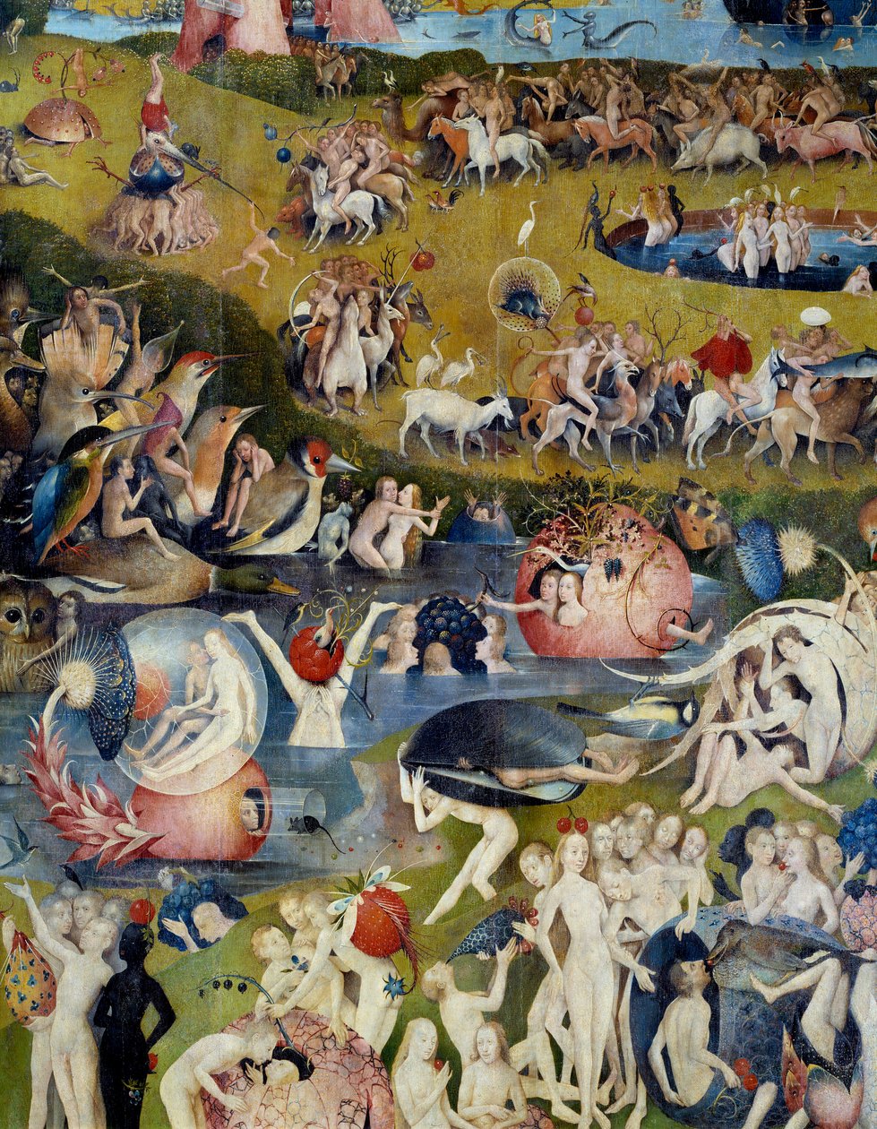 Férfiak és nők élvezik a Föld örömeit. Hieronymus Van Aeken (Aken) Jerome Bosch (1450-1516) „The Garden of Terrestrial Delices” tripticuma központi részének részlete alkotó: Hieronymus Bosch