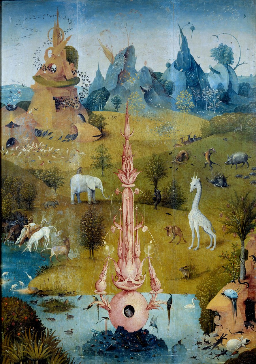 Paradicsom La Fontaine. Hieronymus Van Aken (Aken) Jerome Bosch (1450-1516) „A finomságok kertje” című triptichon bal oldali részlete alkotó: Hieronymus Bosch
