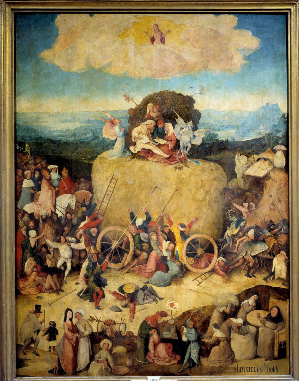 Az Allegorie szénakocsi férfiak és nők számára, akik a legtöbbet szeretnék kihozni a jelenből. A hágó allegorikus tripsze központi táblája, Jerome Bosch (1450-1516) néven ismert Hieronymus Van Aeken (Aken) jelene, 1490 körül. Madrid, Prado Múzeum alkotó: Hieronymus Bosch