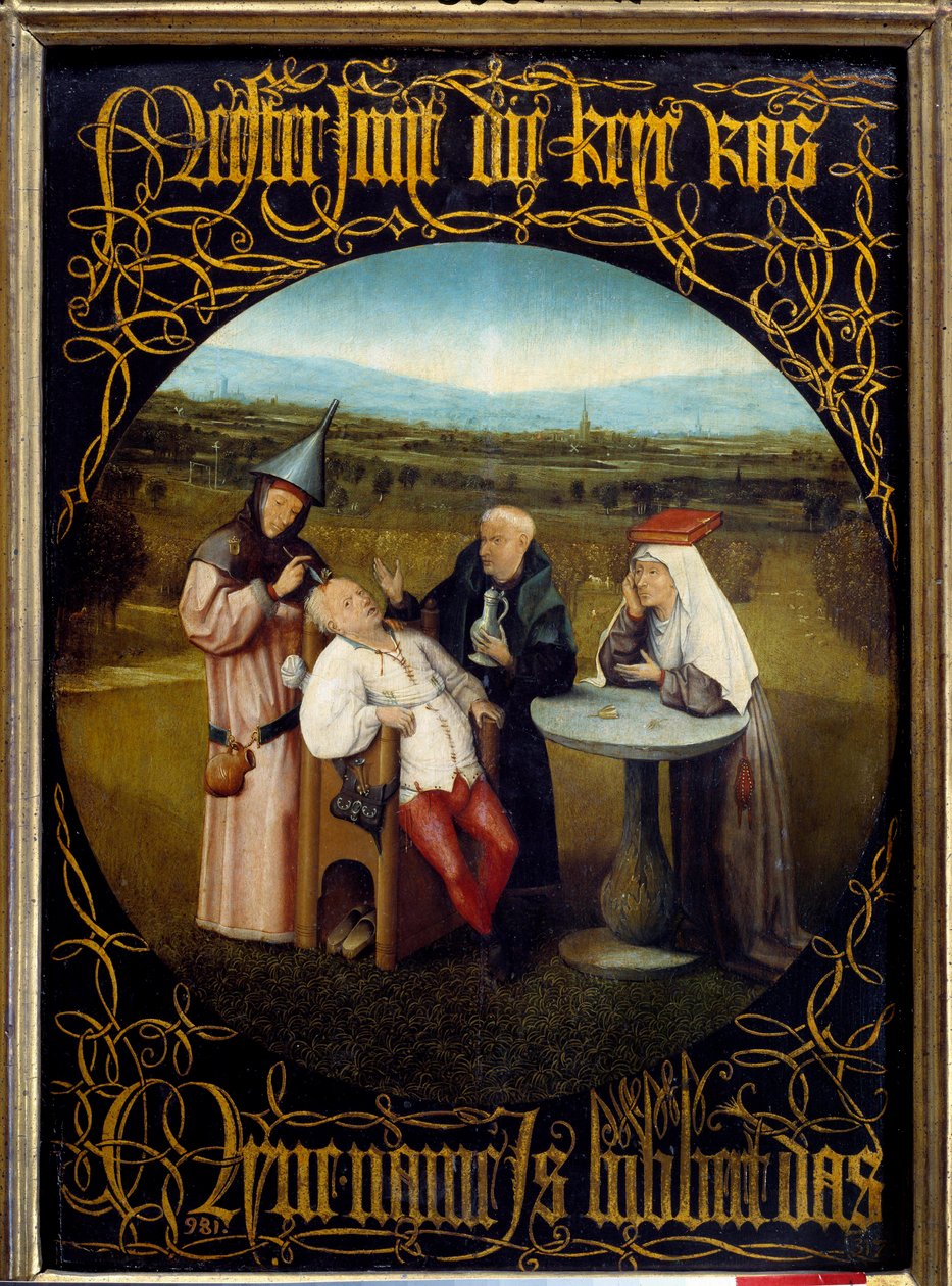 A folie kövének kitermelése. Hieronymus Van Aeken (Aken) festménye, Jerome Bosch (1450-1516) alkotó: Hieronymus Bosch