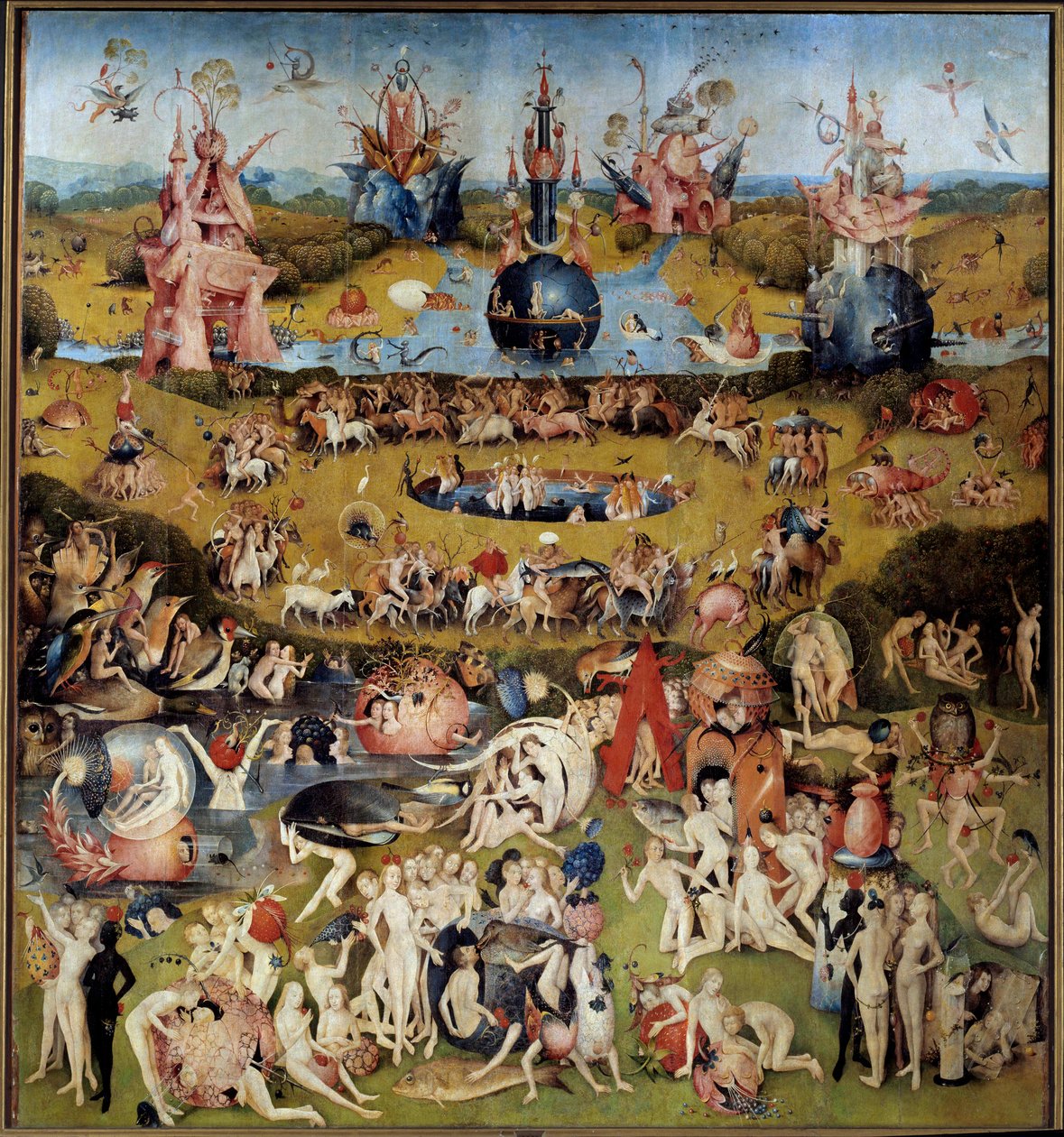 A földi gyönyörök kertje. Központi panel: a gyümölcsöket ízlelgető szerelmesek alkotó: Hieronymus Bosch