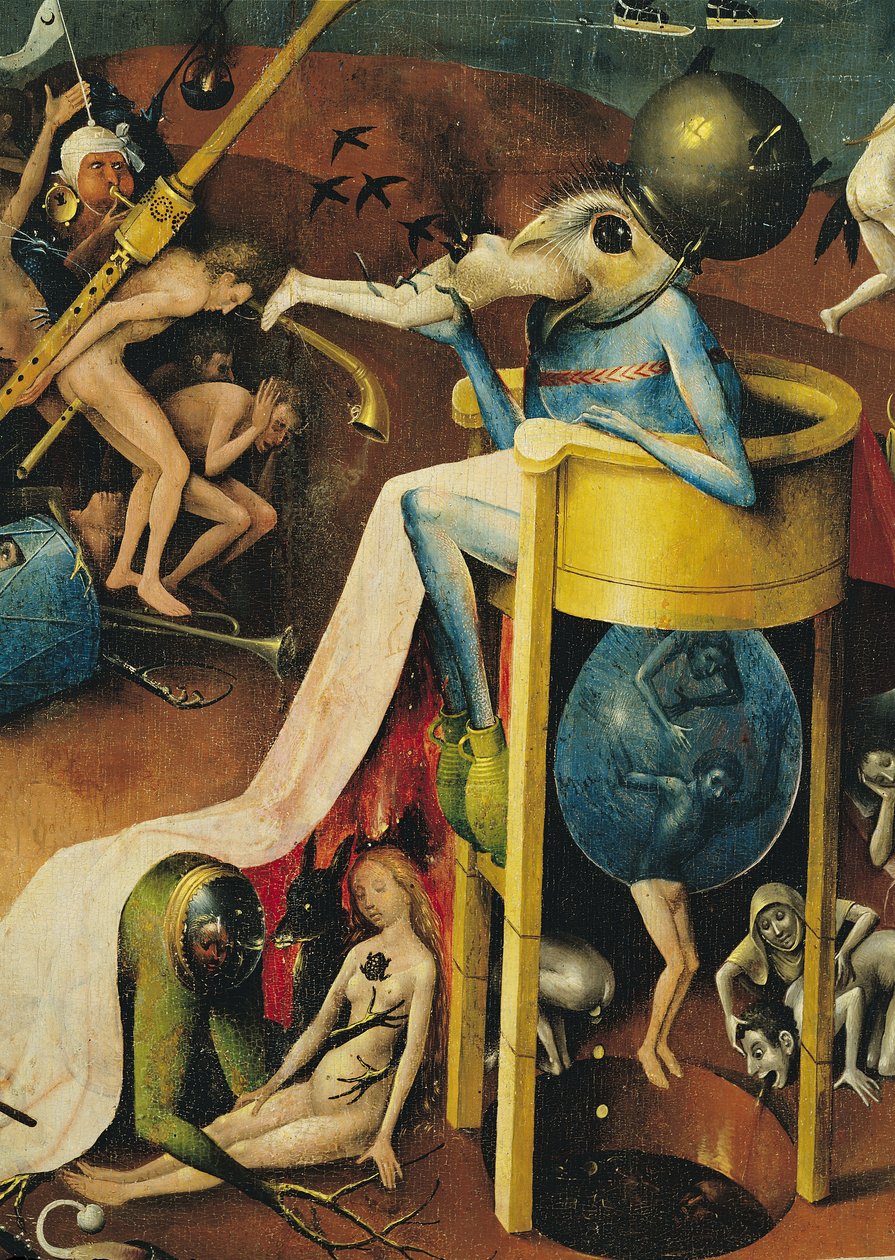 A földi gyönyörök kertje: Pokol, triptichon jobb szárnya, kék madárember részlete egy zsámolyon, 1500 körül (3425 részlet) alkotó: Hieronymus Bosch