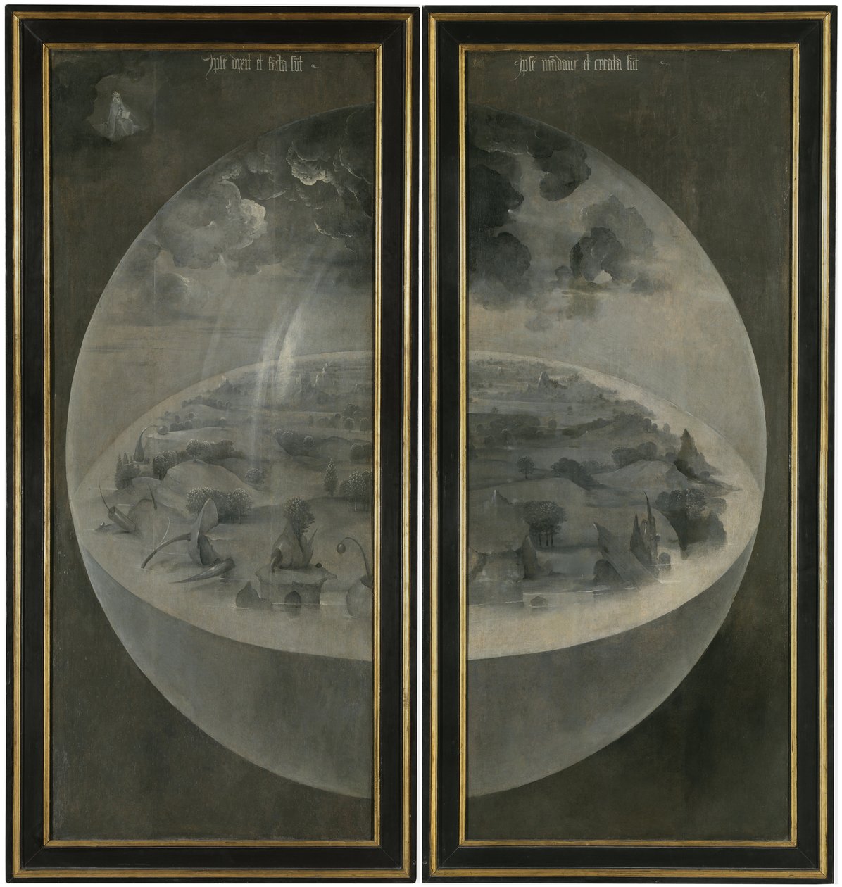 A földi gyönyörök kertje. Triptichon, hátoldal: A teremtés alkotó: Hieronymus Bosch