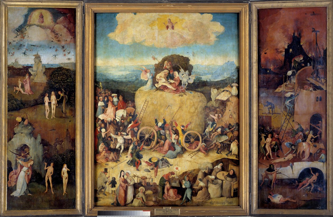A szénakocsi allegóriája a hágóról, a jelenről és a jövőről. A bal oldali panel Ádám és Éva teremtését, az eredendő bűnt, valamint Ádám és Éva vadászatát a földi paradicsomból ábrázolja. Középen a tömeg zűrzavarának és a férfiaknak az ábrázolása alkotó: Hieronymus Bosch