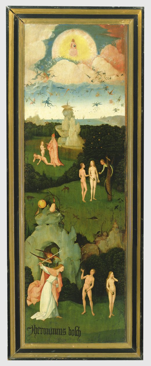 A Haywain: az Éden kertjét ábrázoló triptichon bal szárnya, 1500 körül (panel) alkotó: Hieronymus Bosch