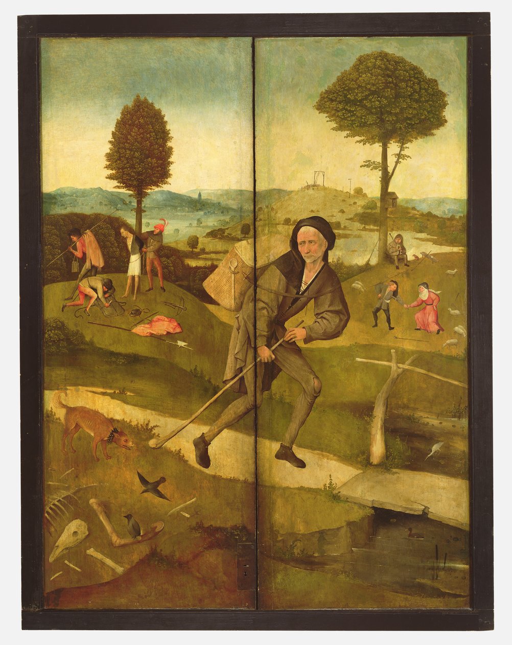 A Haywain, zárt panelekkel, amint Everyman az élet útján jár alkotó: Hieronymus Bosch