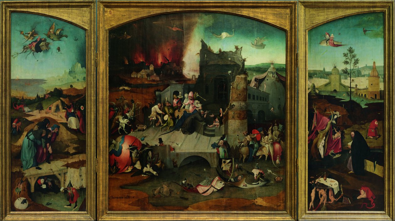 Szent Antal megkísértése. Nagy felbontású reprodukció a Google Art Projectből. A bal felső sarkot újra kellett mintázni alkotó: Hieronymus Bosch