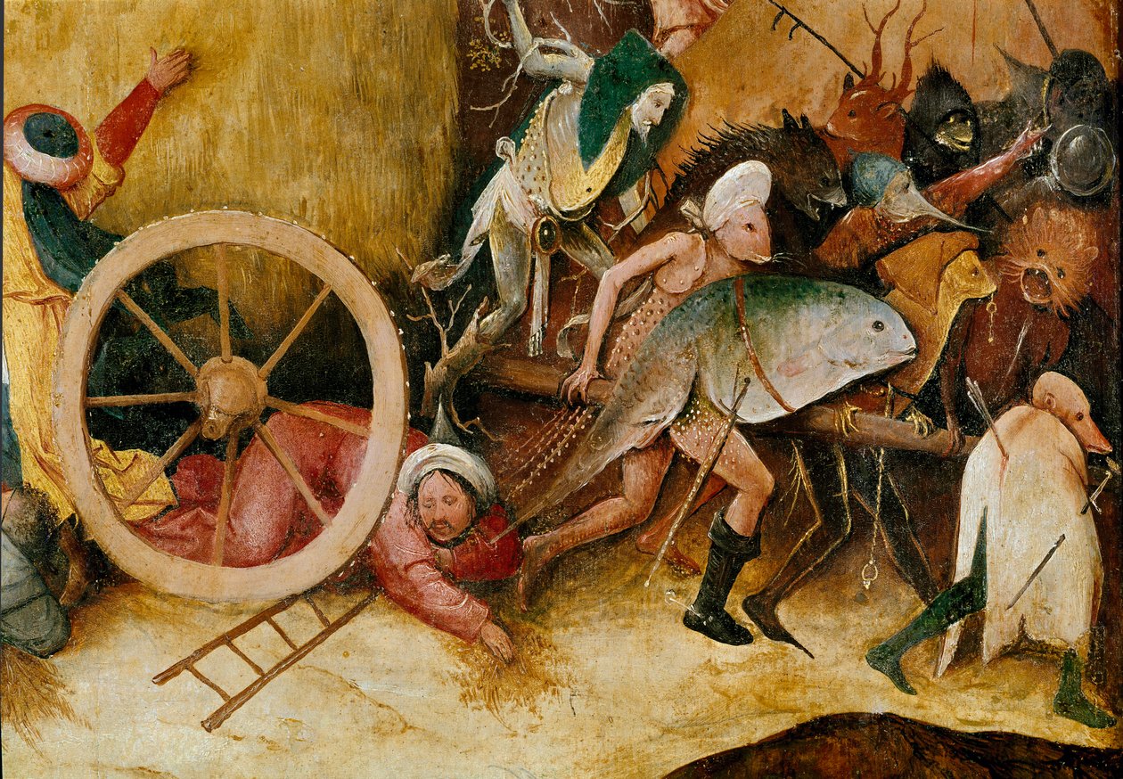 Szénatartály vagy széna-triptichon (szénakocsi): Központi panelrészlet. Szörnyfigurák, antropomorf karakterek és egy férfi kerék alá zuhan. Hieronymus Van Aeken (Aken) festménye, Jerome Bosch (1450-1516) alkotó: Hieronymus Bosch