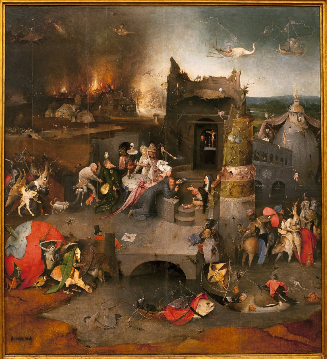 Kísértések triptichonja - központi rész: Nagy Szent Antal megkísértése (vagy Remete Szent Antal vagy Szent Antal apátság. Hieronymus Van Aeken (Aken) festménye Jerome Bosch (1450-1516), olaj, fa, 1500 körül ( A kísértés triptichonja alkotó: Hieronymus Bosch