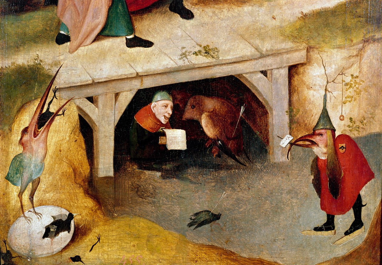 A kísértések triptichonja, részlet. Bal oldal: Nagy Szent Antal (vagy Remete Szent Antal vagy Szent Antal apátság. Hieronymus Van Aeken (Aken) festménye Jerome Bosch (1450-1516) festménye alkotó: Hieronymus Bosch