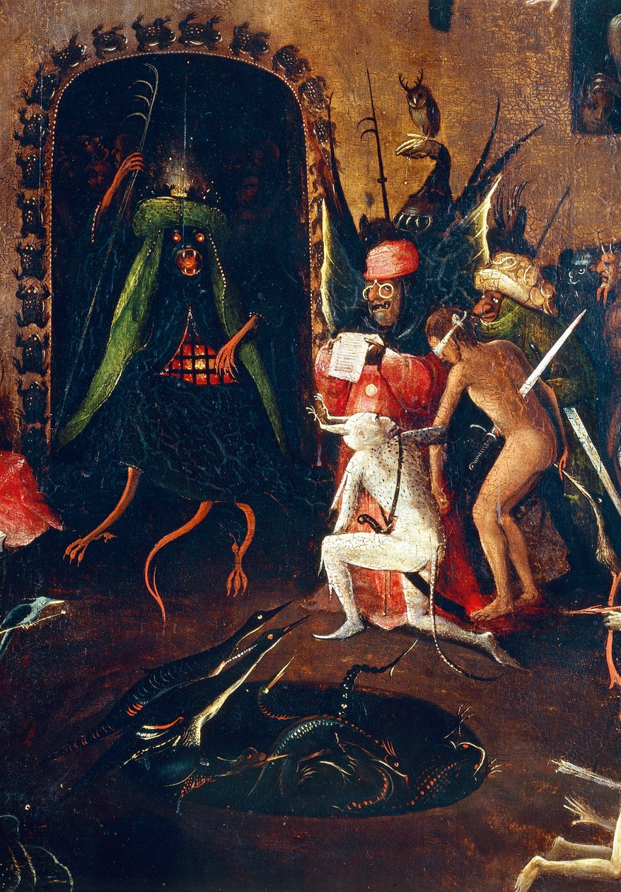 Az utolsó ítélet triptikusa, jobb oldali panel. A pokol félig ember, félig állat szörnyekkel. Részlet (festmény fára, 1504 körül) alkotó: Hieronymus Bosch