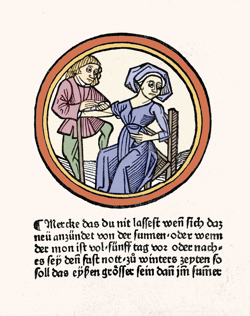 Egy nő vérzik. Xilográfia a „Buch de Surgery”-ből, Hyeronimus Braunschweig. Strasbourg 1497 alkotó: Hieronymus Brunschwig