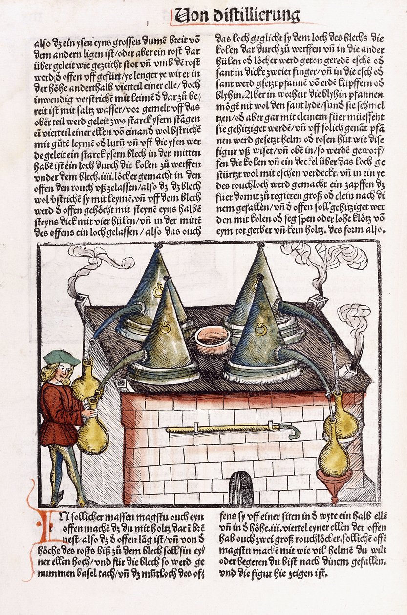 Illusztráció egy 15. század végi lepárlóról, ahol a növények illóolajait vonják ki, 1500 alkotó: Hieronymus Brunschwig