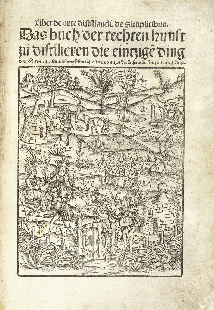 Címlap, gyógynövényfőzdéket illusztrálva tájképekkel alkotó: Hieronymus Brunschwig