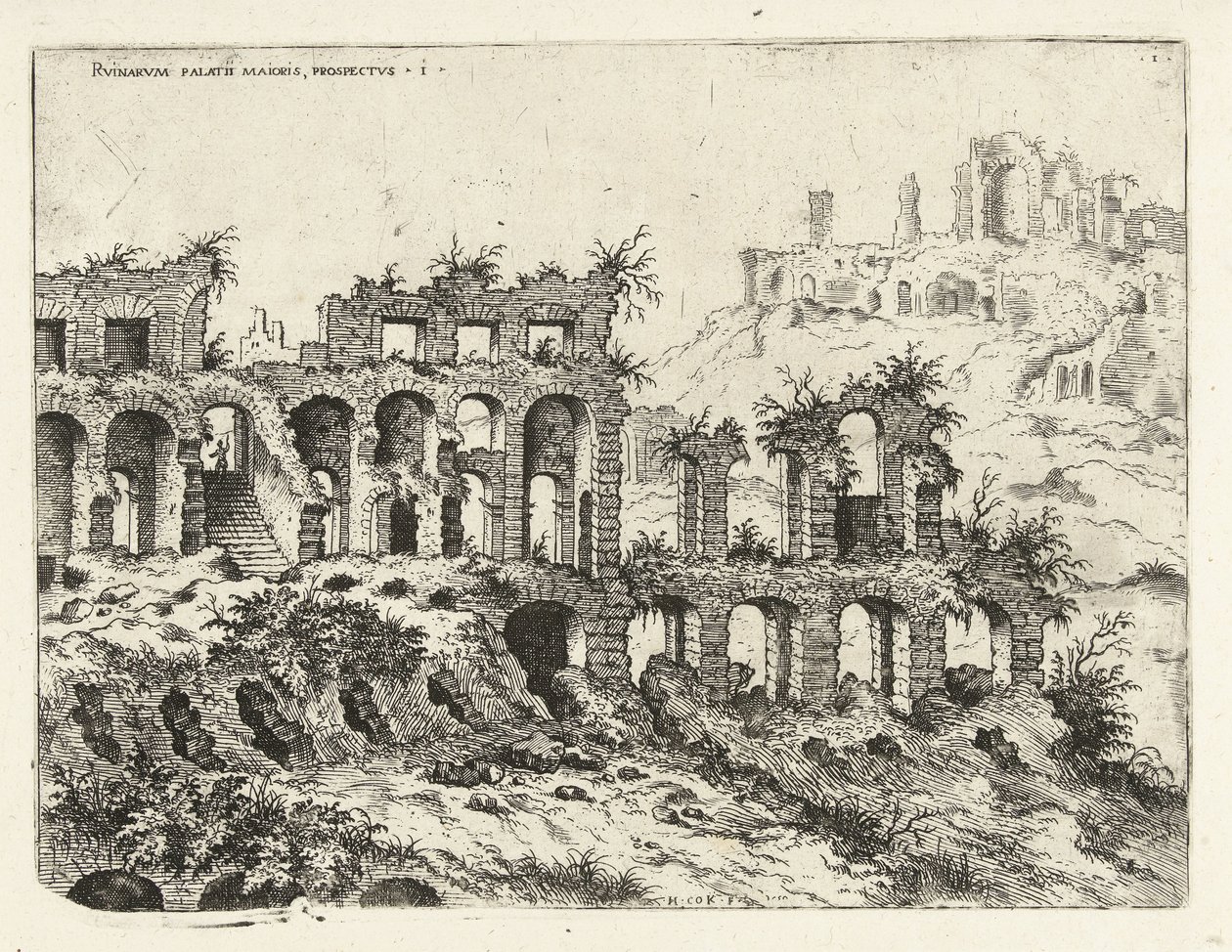 Kilátás a Colosseumra és a Palatinus-hegyre Rvinarvm palatii maioris, prospectvs 1 (cím az objektumon) Római romok (sorozat címe) alkotó: Hieronymus Cock