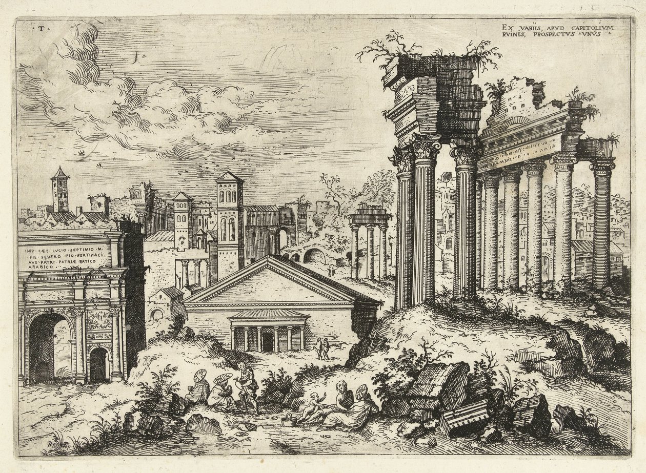 Kilátás a Forum Romanumra a Capitolium felől Ex variis, apvd capitolvm rvinis (...) (cím a tárgyon) Római romok (sorozat címe) alkotó: Hieronymus Cock