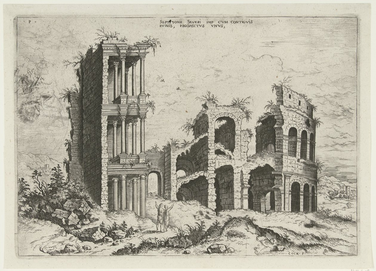 Kilátás a Septizoniumra és a Colosseumra Rómában Septizonii Severi Imp (...) (cím az objektumon) Római romok (sorozat címe) alkotó: Hieronymus Cock
