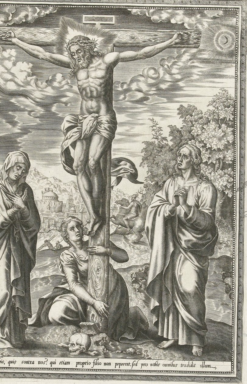 Keresztre feszítés Máriával, Keresztelő Jánossal és Mária Magdolnával alkotó: Hieronymus Cock
