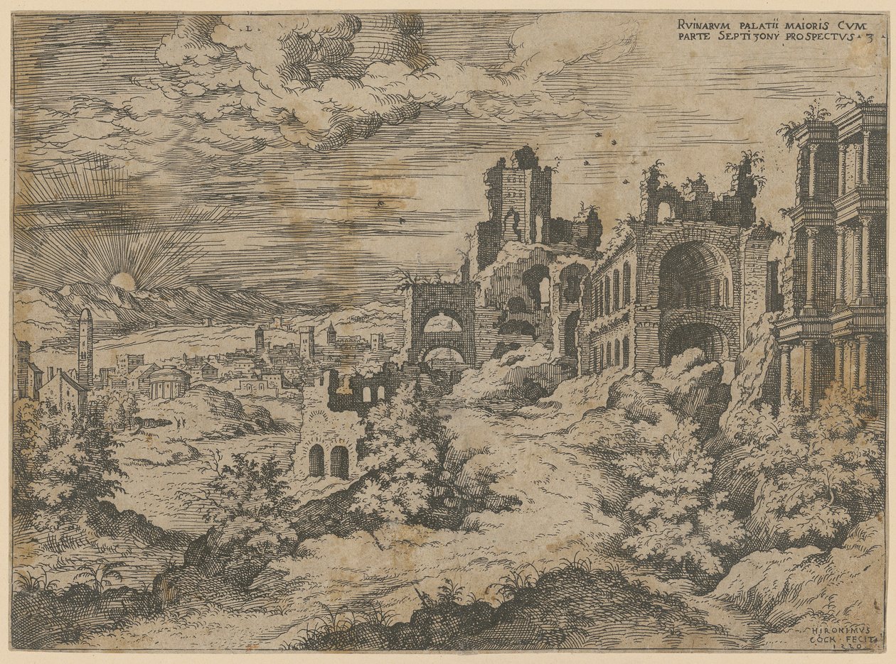 A Palatinus romjai és a környék panorámája, a „Praecipua aliquot Romanae Antiquitatis Ruinarum Monimenta [...]” sorozat 3. lapja alkotó: Hieronymus Cock