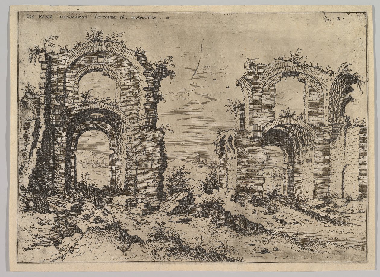 Második nézet Diocletianus fürdőjéről, a római romok sorozatából, 1550. alkotó: Hieronymus Cock