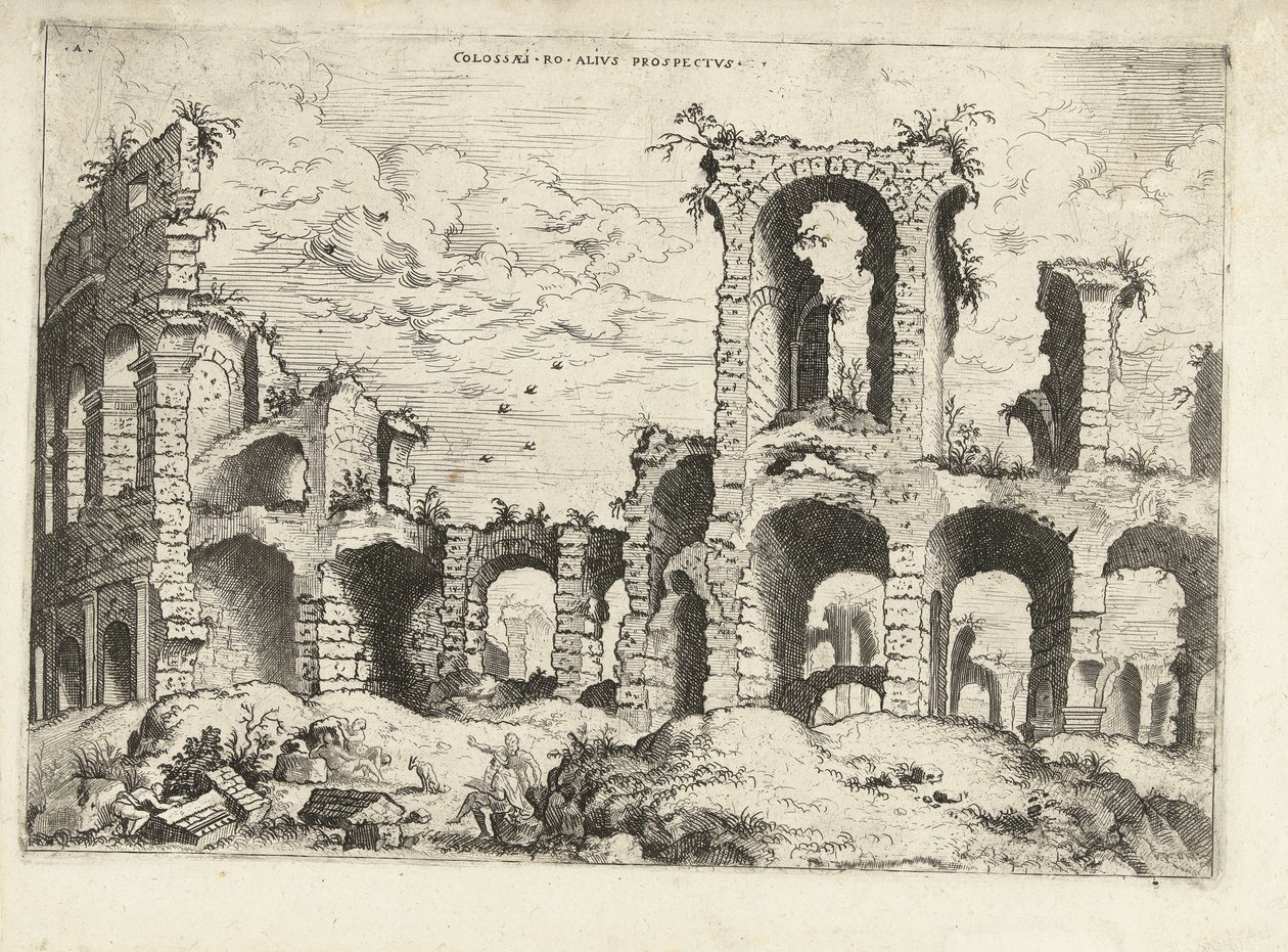 A római Colosseum második képe Collossæi ro alivs prospectvs (cím a tárgyon) Római romok (sorozat címe) alkotó: Hieronymus Cock