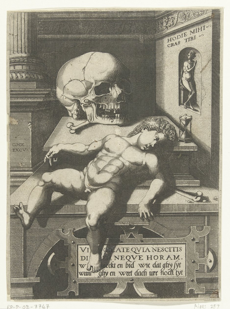 Vanitas előadás gyerekkel és koponyával (Hodi mihi kras tibi / Ma én, holnap te) alkotó: Hieronymus Cock