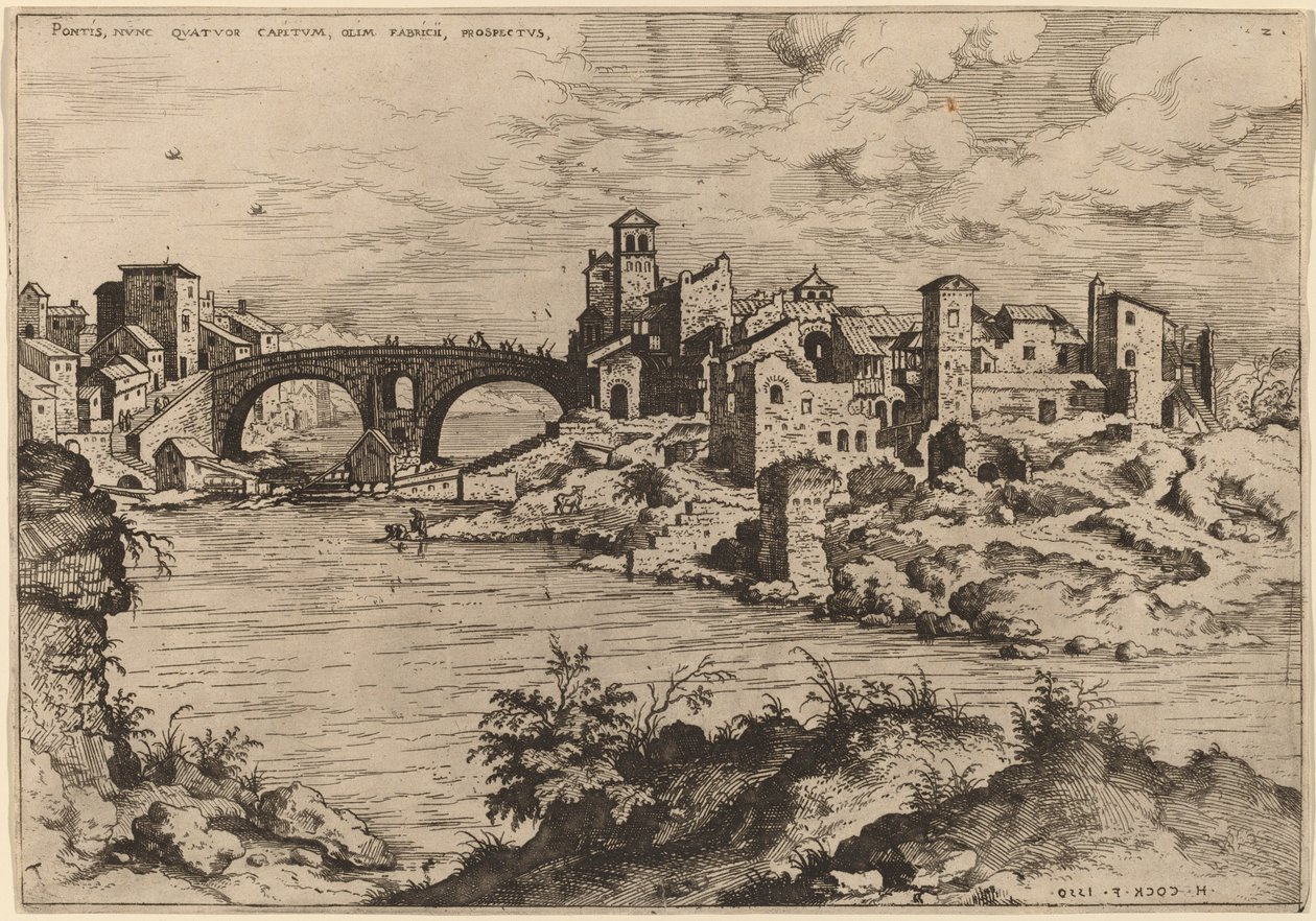 Kilátás a Ponte Quattro Capi-ra és a Tiberis-szigetre alkotó: Hieronymus Cock