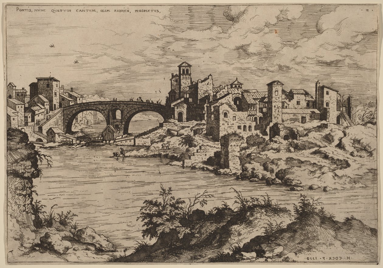 Kilátás a Ponte Quattro Capi hídra és a Tiber-szigetre alkotó: Hieronymus Cock