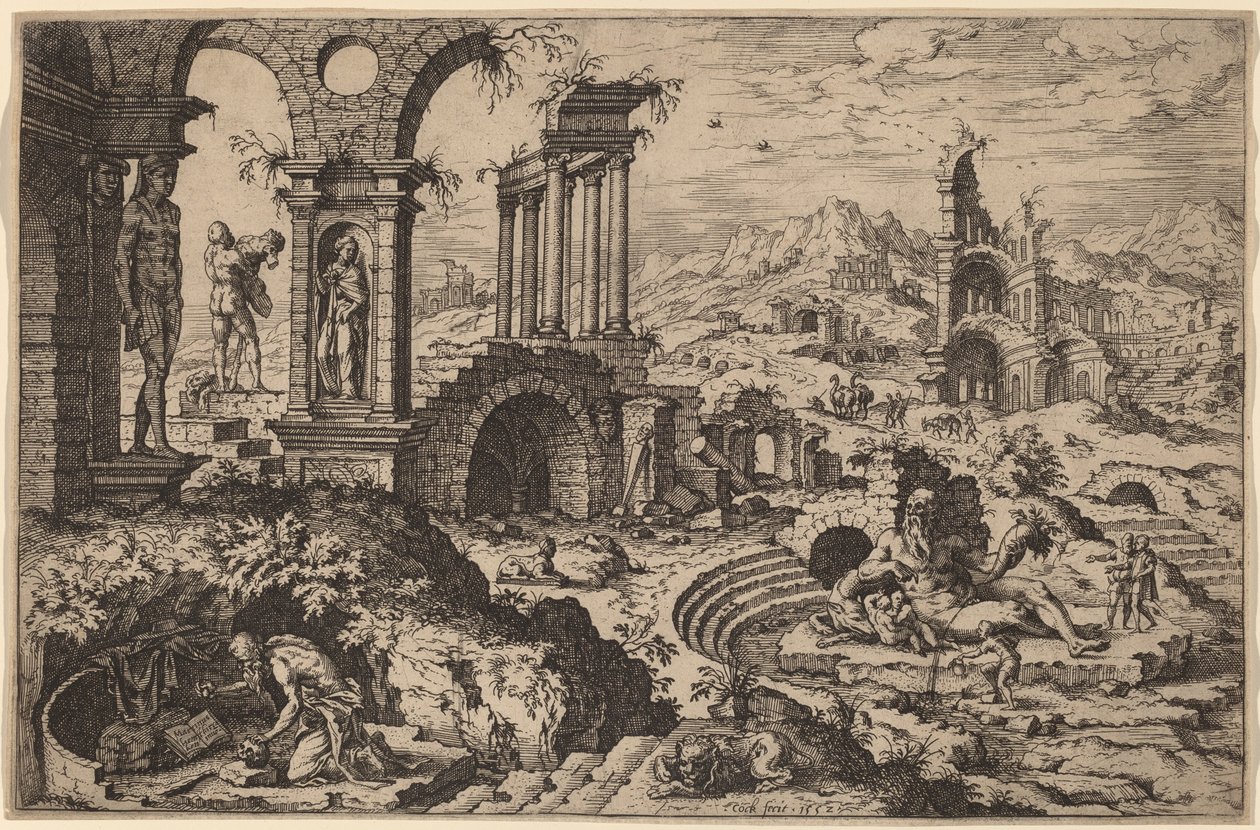 Szent Jeromos egy tájban romokkal alkotó: Hieronymus Cock after Maerten van Heemskerck