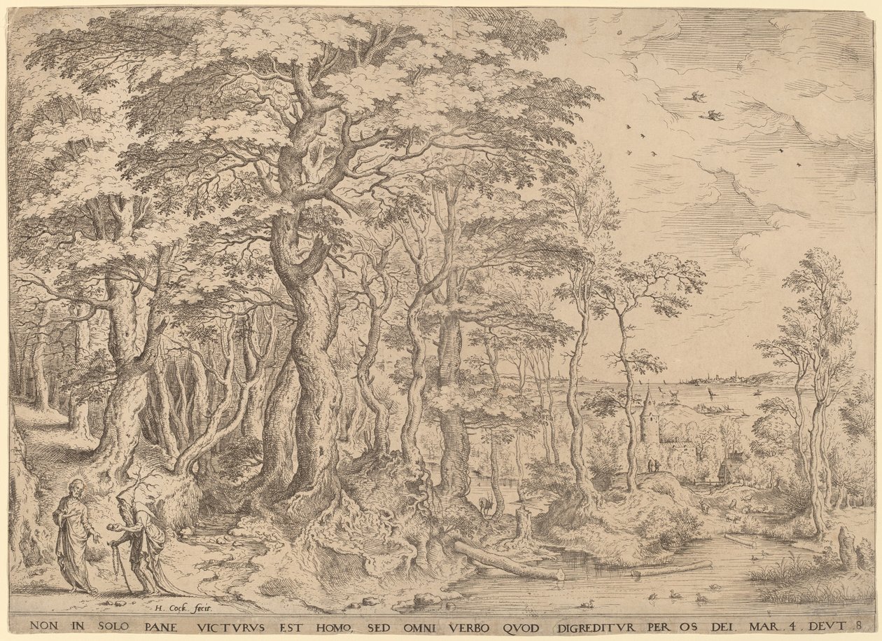 Táj Krisztus megkísértésével alkotó: Hieronymus Cock after Pieter Bruegel the Elder