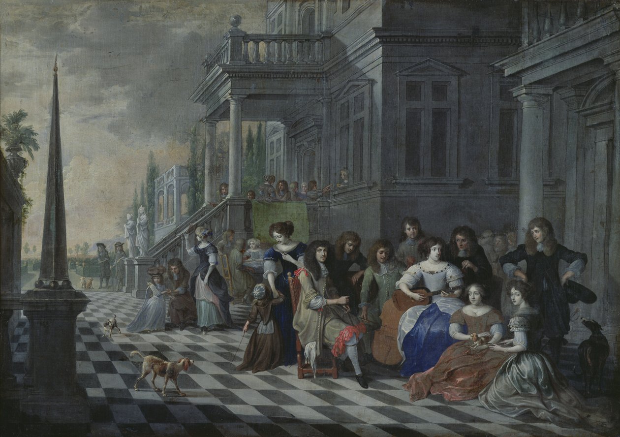 Egy palota előtt zenélő szereplők, 1672 alkotó: Hieronymus Janssens