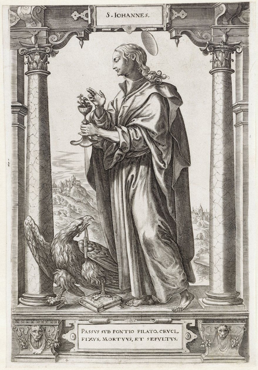 Szent János evangélista S. Iohannes (cím az objektumon) Krisztus és a tizenkét apostol, valamint Szent Pál (sorozat címe) alkotó: Hieronymus Wierix