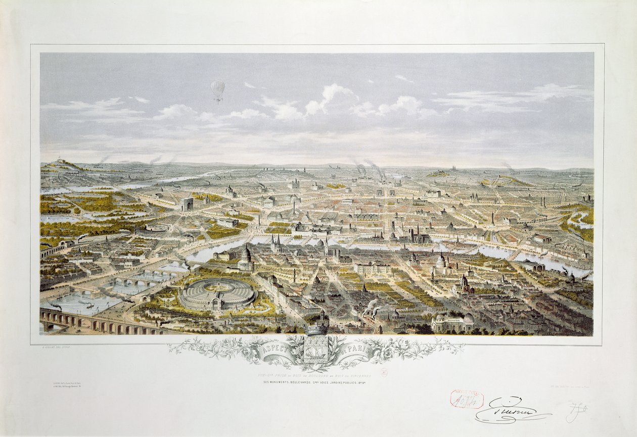 Párizs kilátása Bois de Boulogne-ból, az 1867-es egyetemes kiállítás alatt (színes metszet) alkotó: Hilaire Guesnu