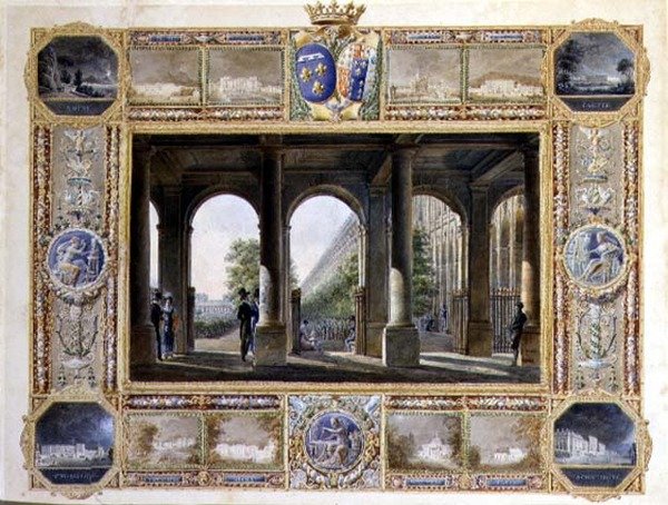 A párizsi Palais Royal, Charles Ferdinand, de Berry herceg (1778-1820) és felesége, Bourbon Maria Caroline gyermekkori lakhelyeinek matricáival körülvéve (akvarell papíron) alkotó: Hilaire Thierry