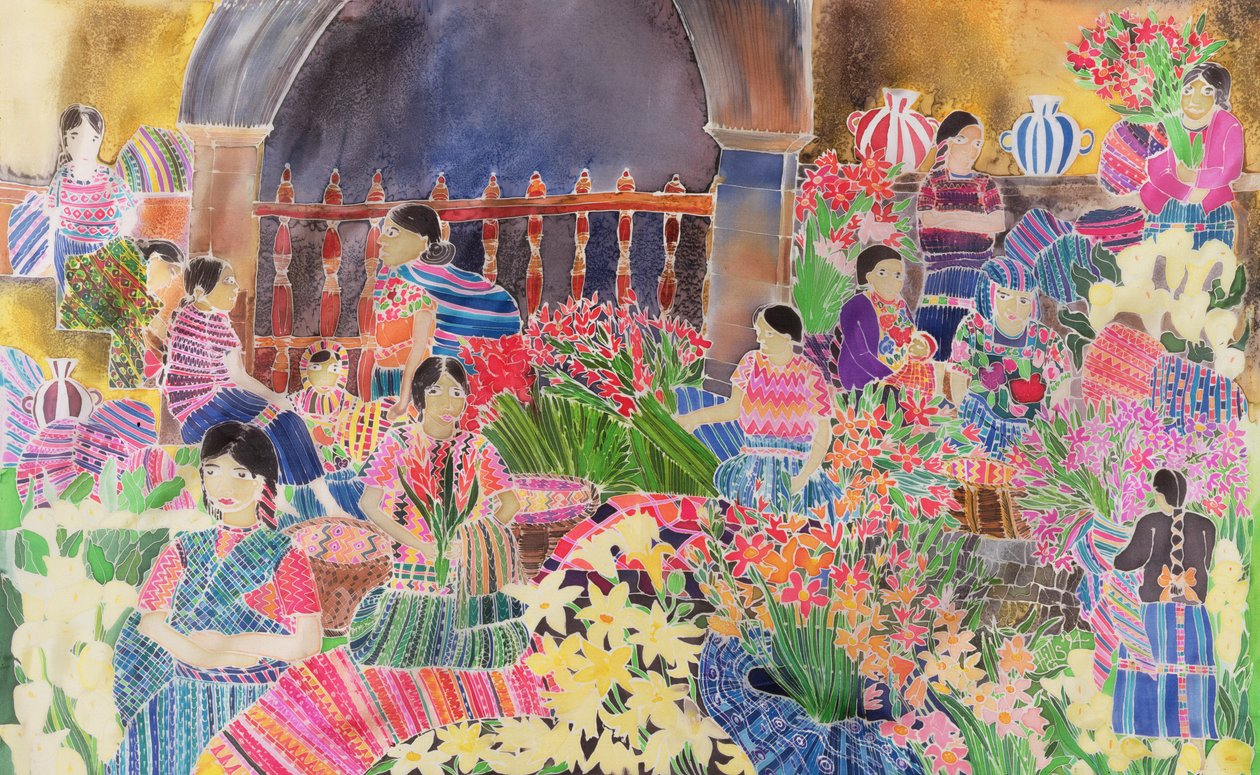 Chichicastenango, piac napja (színes tinták selyemre) alkotó: Hilary Simon