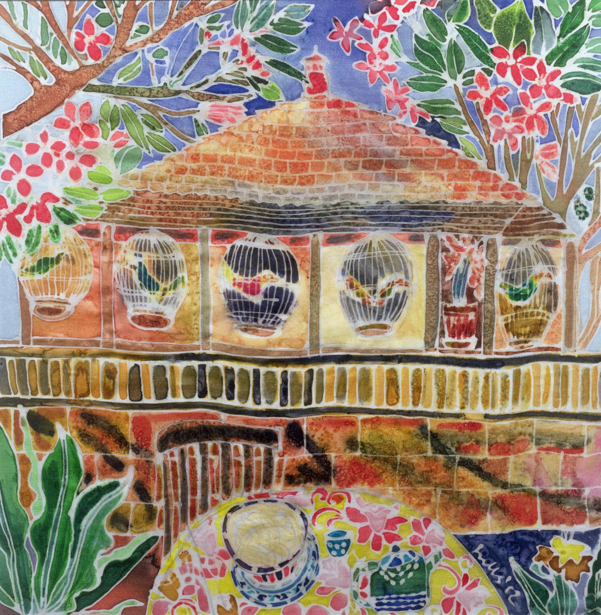 Lotus Cafe, Ubud, Bali, 2002 (színes tinta selyemen) alkotó: Hilary Simon
