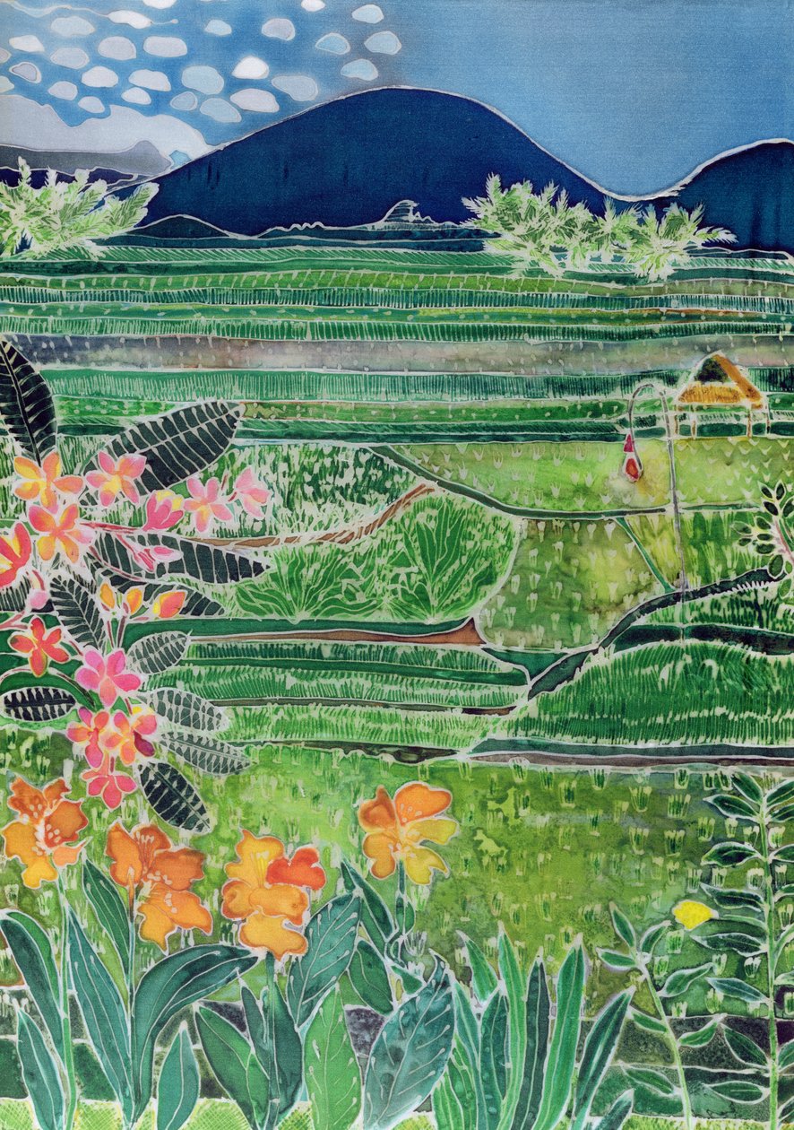 Lovina Ricefields liliomokkal és frangipanival, Bali, 1996 (színes tinták selyemen) alkotó: Hilary Simon