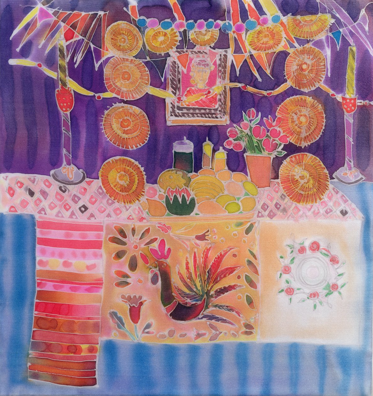 Mexikói szentély Frida Kahlóval, 2006 (festékek selyemre) alkotó: Hilary Simon