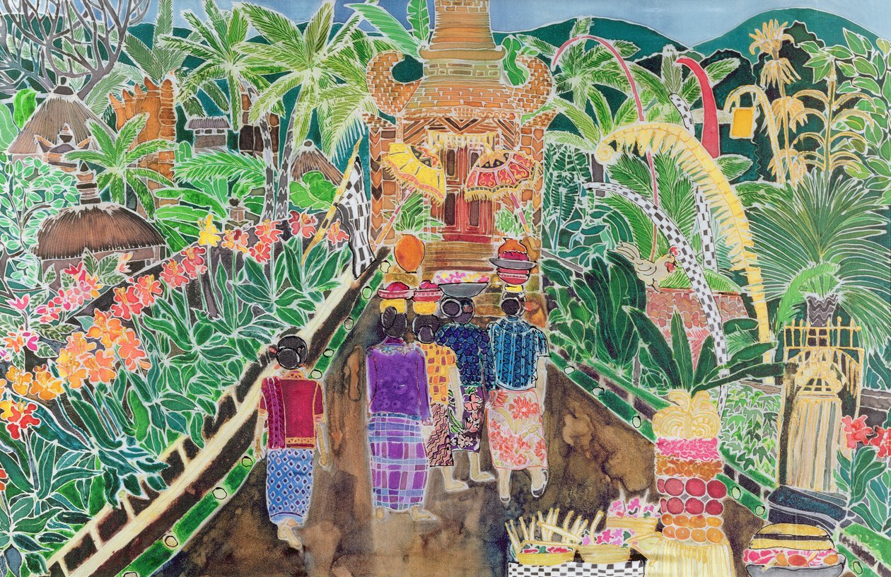 Procession, Peliatan, Bali, 1996 (színes tinták selyemen) alkotó: Hilary Simon
